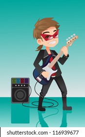 A Vector Illustration Of A Kid Rocker Playing Electric Guitar