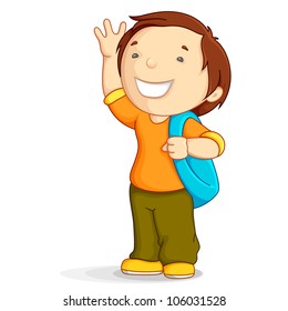 vector illustration of kid with school bag in bye bye gesture