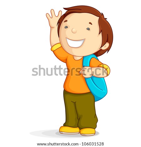 vector illustration of kid with school bag in bye bye gesture