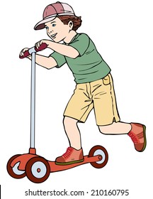 Vector illustration, kid scootering, cartoon concept, white background.