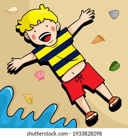 Vector illustration of a kid seem very happy lay down on the sand at the beach. Kids illustration. Happy face. For children.