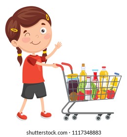 Vector Illustration Of Kid Shopping