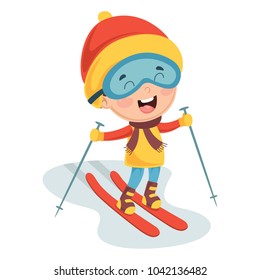 Vector Illustration Of Kid Skiing