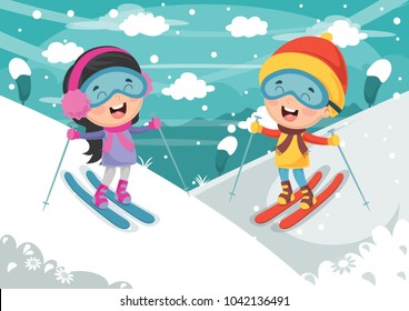 Vector Illustration Of Kid Skiing