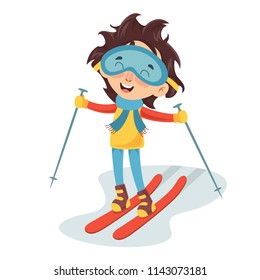 Vector Illustration Of Kid Skiing