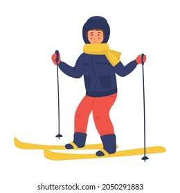 Vector Illustration Of Kid Skiing girl skiing flat character. cartoon winter sport
