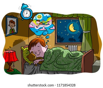 Vector illustration, kid sleeping and dreaming, cartoon concept.