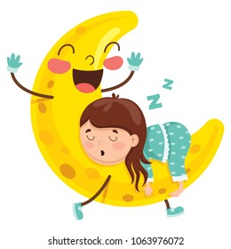 Vector Illustration Of Kid Sleeping On Moon