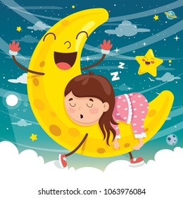 Vector Illustration Of Kid Sleeping On Moon