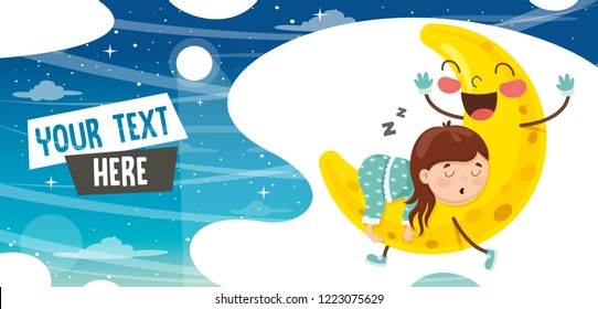 Vector Illustration Of Kid Sleeping On Moon