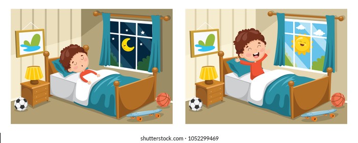 Vector Illustration Of Kid Sleeping And Waking Up
