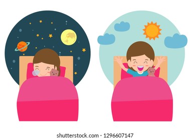 Vector Illustration Of Kid Sleeping And Waking, child sleeping on tonight dreams, good night and sweet dreams. he wake up in the morning.