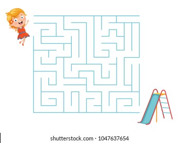 Vector Illustration Of Kid Sliding Maze