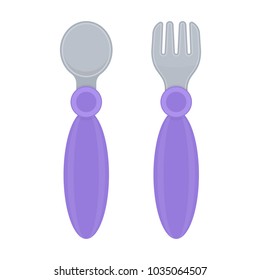 Vector illustration of kid spoon and fork isolated on white background. Toddler plastic utensils in bright colors. Baby feeding supplies.