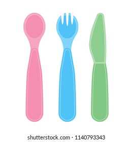 Vector illustration of kid spoon, fork and knife isolated on white background. Toddler plastic utensils in bright colors. Baby feeding supplies.