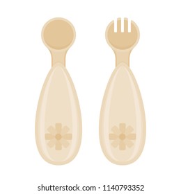 Vector illustration of kid spoon and fork isolated on white background. Toddler plastic utensils. Baby feeding supplies.