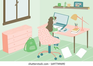 A vector illustration of a kid studying and doing his homework in his bedroom at home