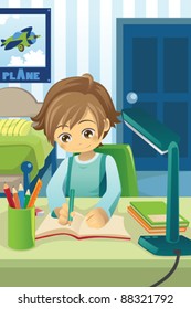 A Vector Illustration Of A Kid Studying And Doing His Homework In His Bedroom