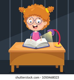 Vector Illustration Of Kid Studying At Night