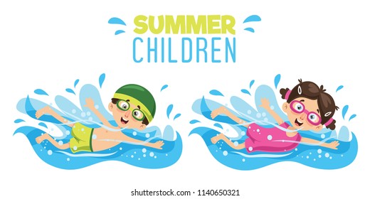 Vector Illustration Of Kid Swimming	