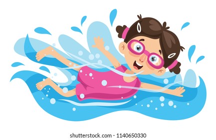 Vector Illustration Of Kid Swimming	