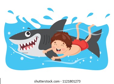 Vector Illustration Of Kid Swimming With Shark