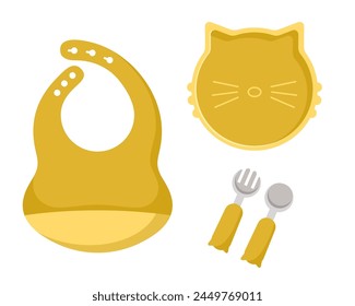 Vector illustration of kid tableware set, colorful children dish in the shape of a face cat isolated on white background in flat style.