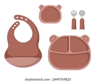 Vector illustration of kid tableware set, colorful children dish shaped like a bear's face isolate on white background in flat style.