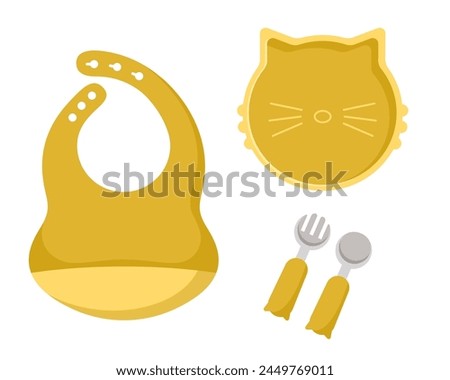 Vector illustration of kid tableware set, colorful children dish in the shape of a face cat isolated on white background in flat style.