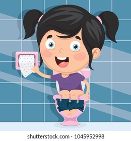 Vector Illustration Of Kid At Toilet