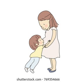 Vector illustration of kid touching, hugging and feeling new baby in pregnant mom belly. Parent prepare toddler to be siblings. Happy mother day, family, maternity concept. Cartoon character drawing.