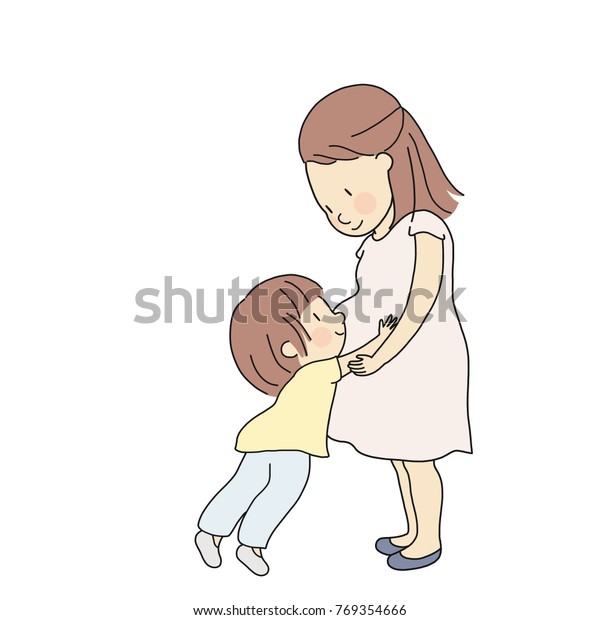 妊娠中の母親の腹に新しい赤ちゃんを触れ 抱きしめ 感じる子どものベクターイラスト 親は子供を兄弟にする準備をする お母さんの日 家族 産科のコンセプト 漫画のキャラクターの描画 のベクター画像素材 ロイヤリティフリー