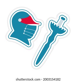 Vector illustration Kid toys Sticker Knight's sword, helmet. Happy childhood background Activity Gaming items Primary school Elementary grade Kindergarten Game