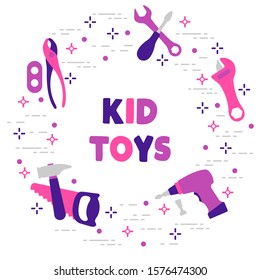 Vector illustration with kid toys. Toy tools. Saw, hammer, screwdrivers, wrenches, pliers. Primary school, elementary grade, kindergarten. Happy childhood activity. Design for textile, website, print