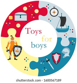 Vector illustration Kid toys Treasure chest, compass, knight, sword, shield, helmet, ship. Primary school, elementary grade, kindergarten. Happy childhood. Activity. Design for textile, website, print