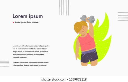 Vector illustration of a kid training with kettlebell. Workout and fitness concept for web banners, hero images, printed materials
