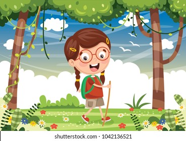 Vector Illustration Of Kid Trekking