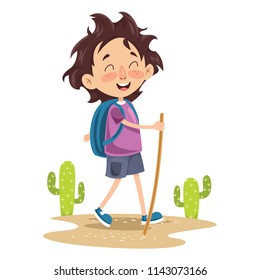 Vector Illustration Of Kid Trekking