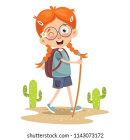 Vector Illustration Of Kid Trekking