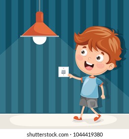 Vector Illustration Of Kid Turning On The Light