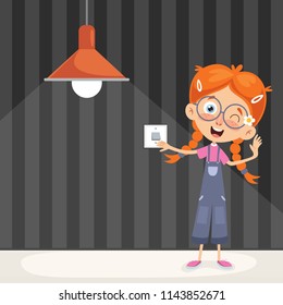 Vector Illustration Of A Kid Turning On The Light