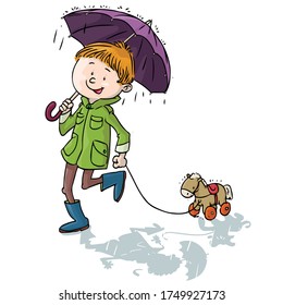 Ilustración vectorial, niño con paraguas caminando con su juguete, concepto de caricatura.