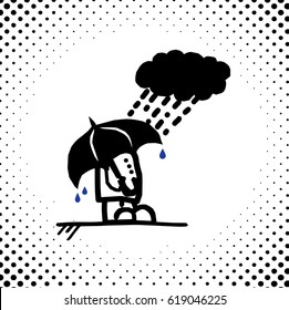Vector illustration of a kid under a big umbrella with rain clouds above.
