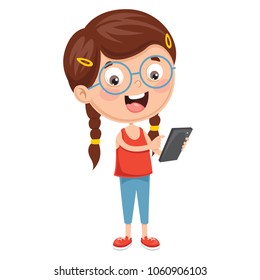 Vector Illustration Of Kid Using Mobile Device