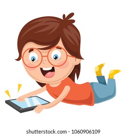 Vector Illustration Of Kid Using Mobile Device