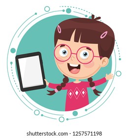 Vector Illustration Of Kid Using Tablet Pc