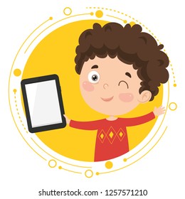 Vector Illustration Of Kid Using Tablet Pc