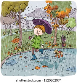 Vector illustration, kid walking in park, on a rainy day, cartoon concept.