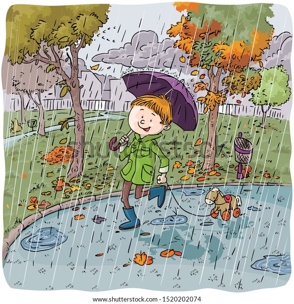 雨の日に公園を歩く子供のベクターイラスト 漫画のコンセプト のベクター画像素材 ロイヤリティフリー 1574