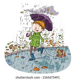 Vector illustration, kid walking in a rainy day, cartoon concept.